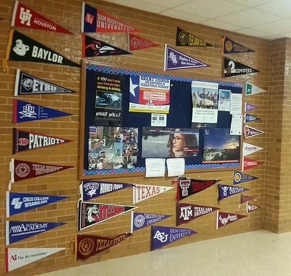 This wall displays a variety of colleges to promote future participation. 