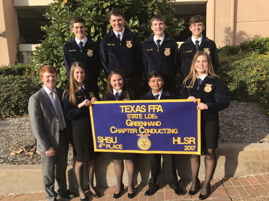 Top Row (L to R): Kyle Styron, Brady Tuggle, Ryan Hess, Cade Davis Bottom Row (L to R): Mr. Best, Maggie McGregor, Chloe Krause, Subarna Pokhrel, Taylor Carter. 
These FFA members competed in the chapter conducting event and placed fourth. This is one of numerous events that FFA participated in this past year. Photo credit to Mrs. Bowers.
