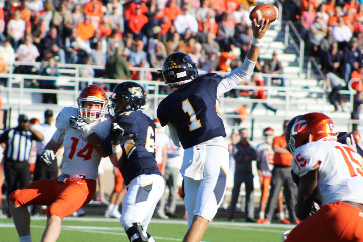 Quarterback Kade Renfro and Lineman Adrian Cervantes
Quarterback passes the ball against Celina who ended the season for the Yellowjackets
