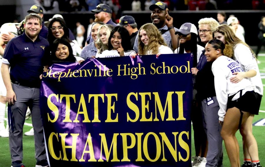Student Athletic Trainers (At's) celebrate their State Semifinal Championship win against Hirschi on December 10, 2021 at The Ford Center. AT's were instrumental in  tending to the player's injuries and keeping the players hydrated during the  championship game.